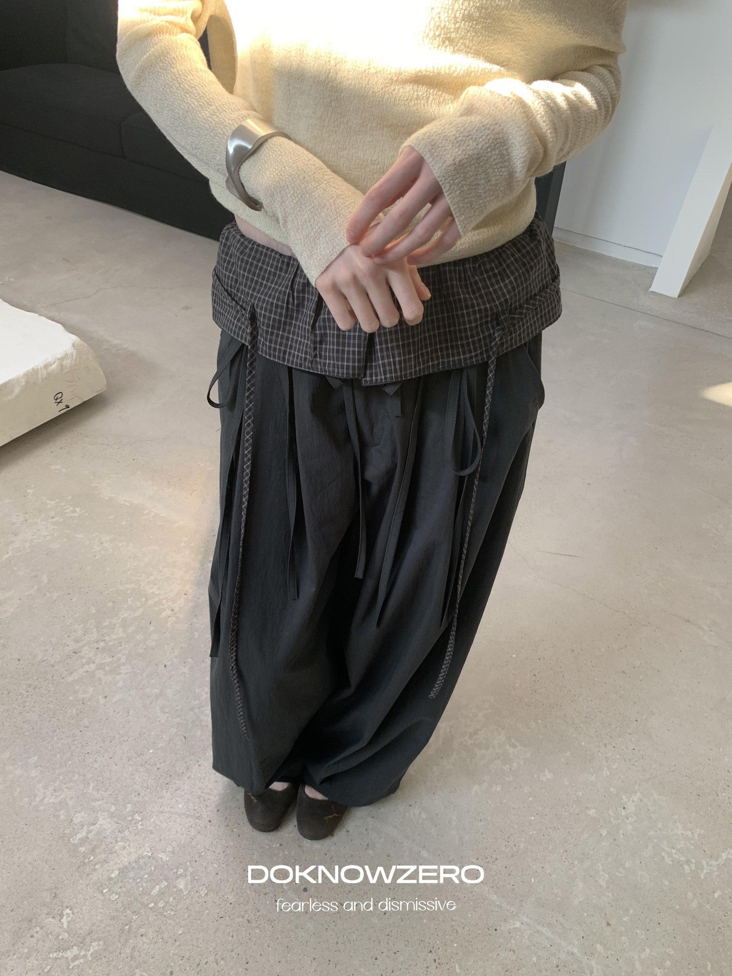 DKZ OFFICIAL Grey Plaid Spliced Foldover Waist Relaxed Women&