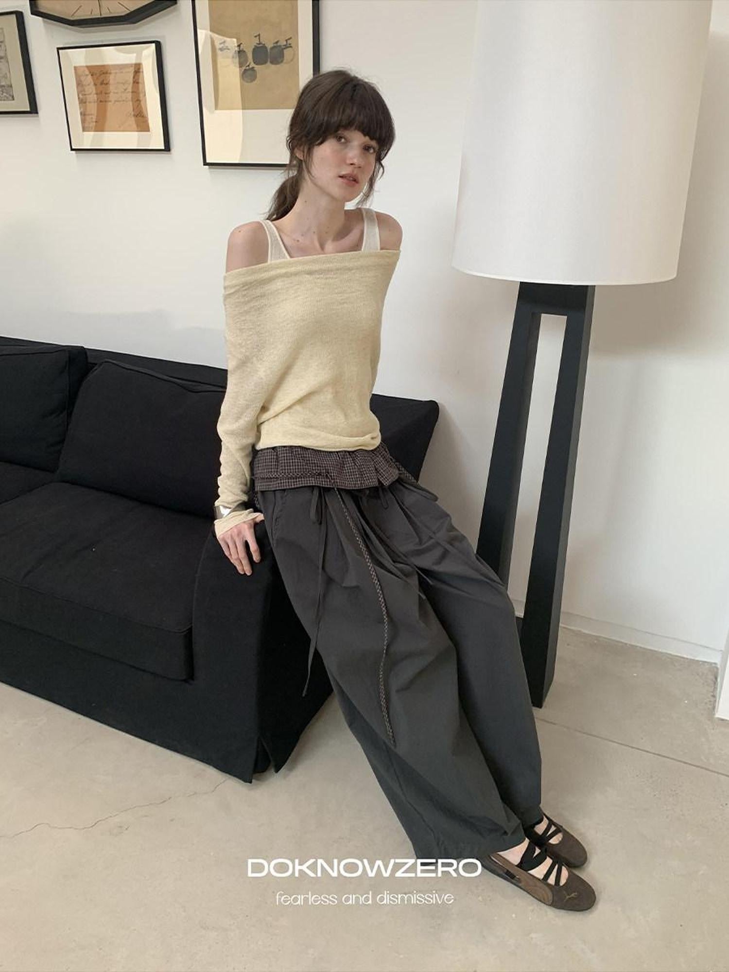DKZ OFFICIAL Grey Plaid Spliced Foldover Waist Relaxed Women&