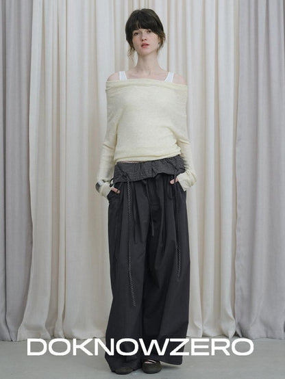 DKZ OFFICIAL Grey Plaid Spliced Foldover Waist Relaxed Women&
