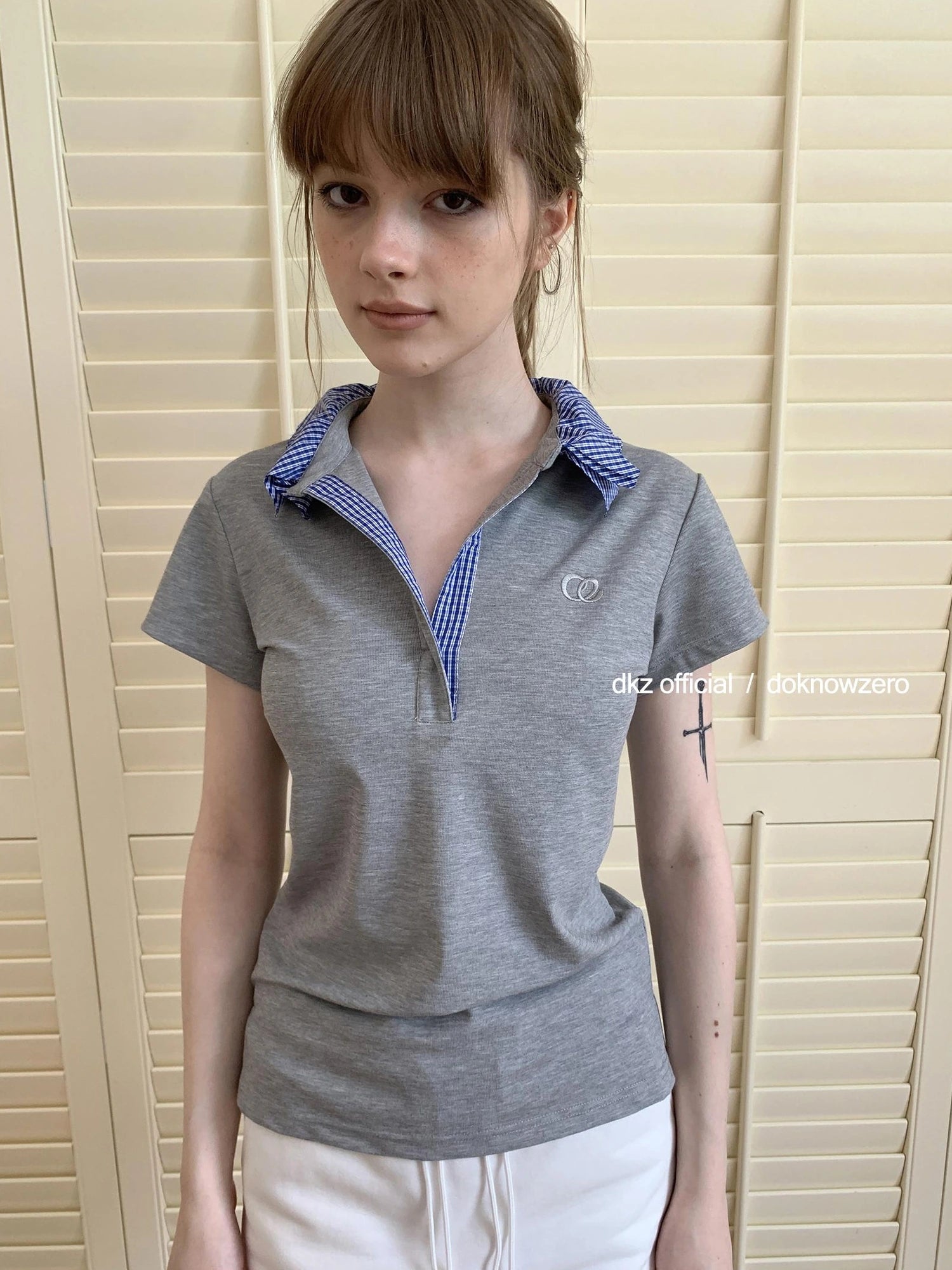 DKZ OFFICIAL Grey Polo Collar Short Sleeve T-shirt Women Summer Retro