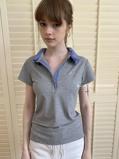 DKZ OFFICIAL Grey Polo Collar Short Sleeve T-shirt Women Summer Retro