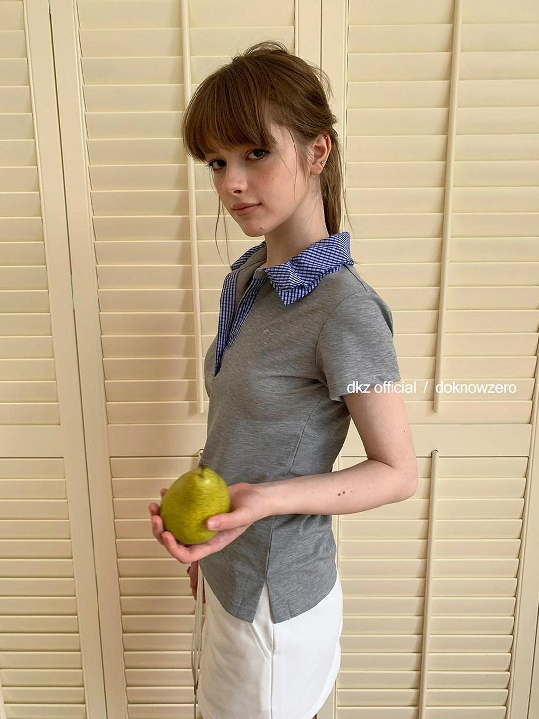 DKZ OFFICIAL Grey Polo Collar Short Sleeve T-shirt Women Summer Retro