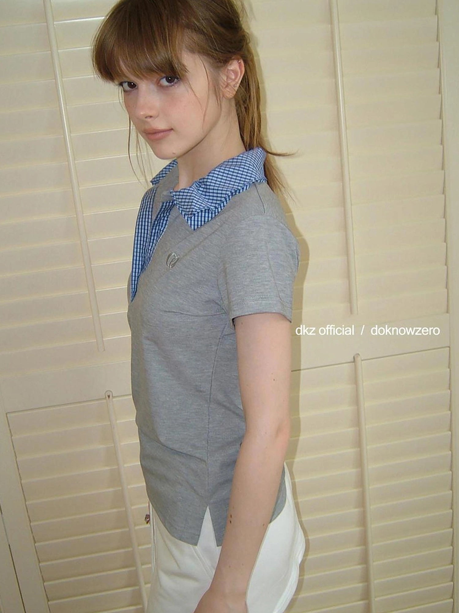 DKZ OFFICIAL Grey Polo Collar Short Sleeve T-shirt Women Summer Retro