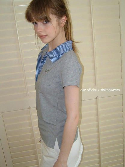 DKZ OFFICIAL Grey Polo Collar Short Sleeve T-shirt Women Summer Retro