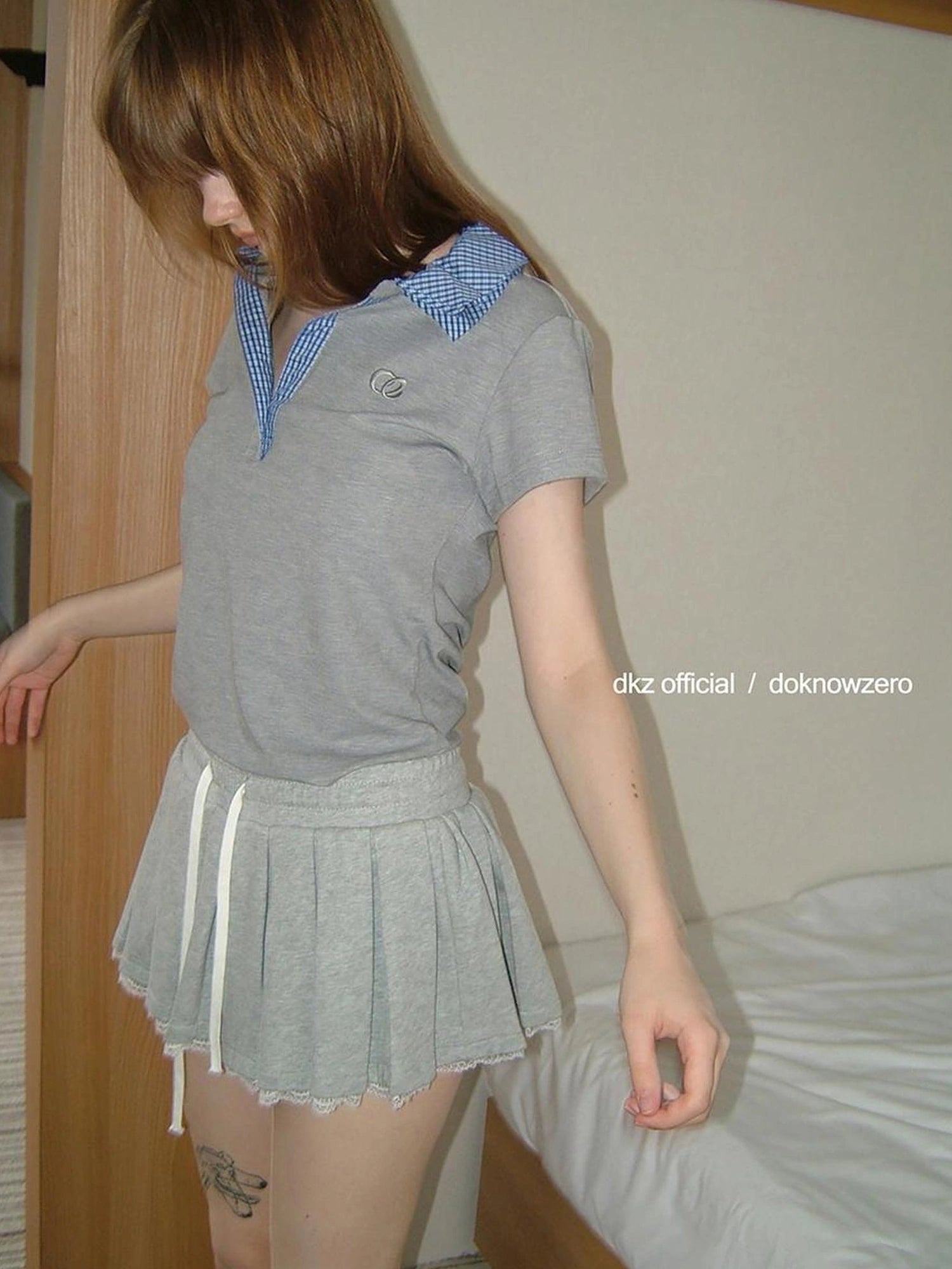 DKZ OFFICIAL Grey Polo Collar Short Sleeve T-shirt Women Summer Retro