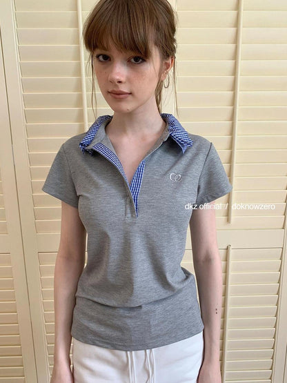 DKZ OFFICIAL Grey Polo Collar Short Sleeve T-shirt Women Summer Retro
