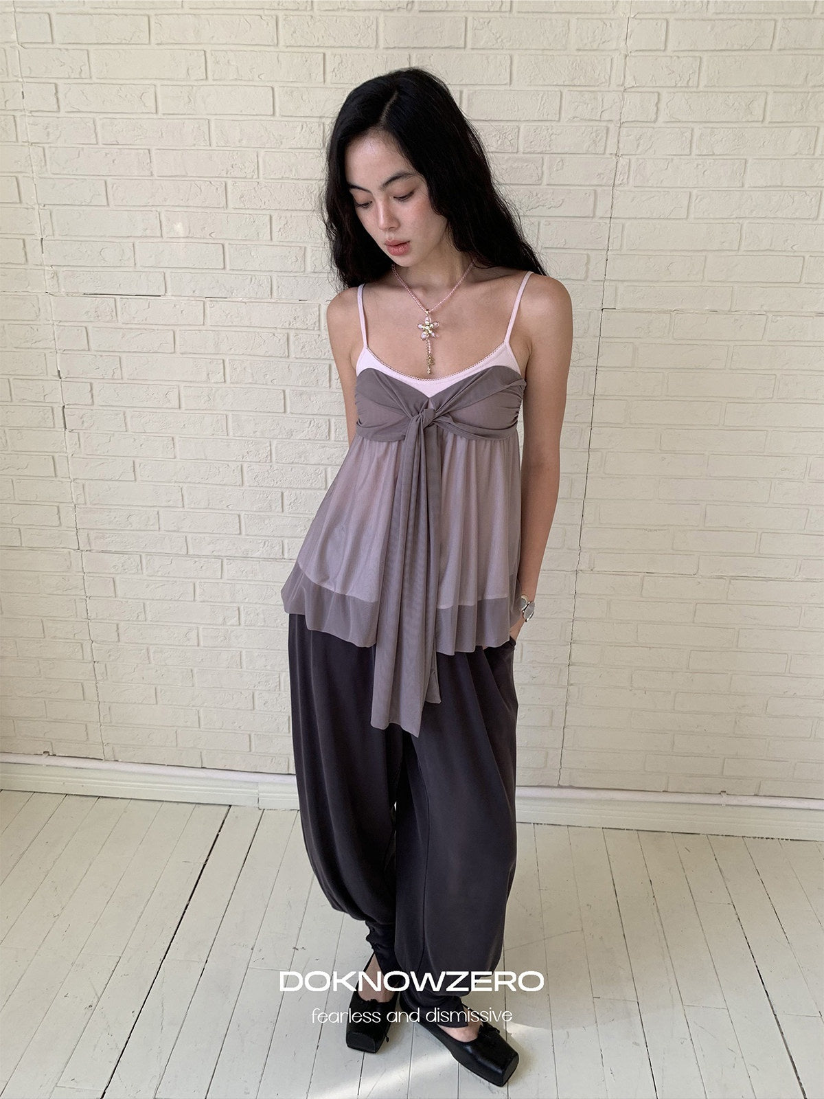 DKZ_OFFICIAL_Grey_Purple_Twist_Knot_Mesh_Asymmetrical_V-neck_Women&