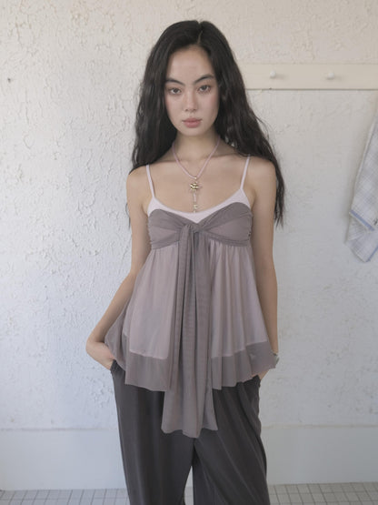 DKZ OFFICIAL Grey Purple Twist Knot Mesh Asymmetrical V-neck Women&