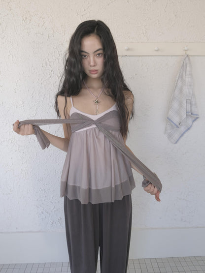 DKZ OFFICIAL Grey Purple Twist Knot Mesh Asymmetrical V-neck Women&
