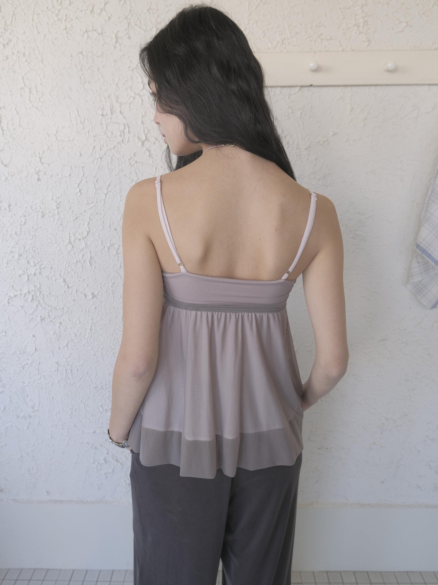DKZ OFFICIAL Grey Purple Twist Knot Mesh Asymmetrical V-neck Women&