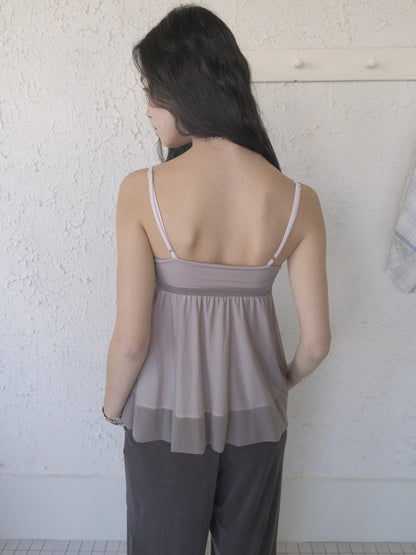 DKZ OFFICIAL Grey Purple Twist Knot Mesh Asymmetrical V-neck Women&