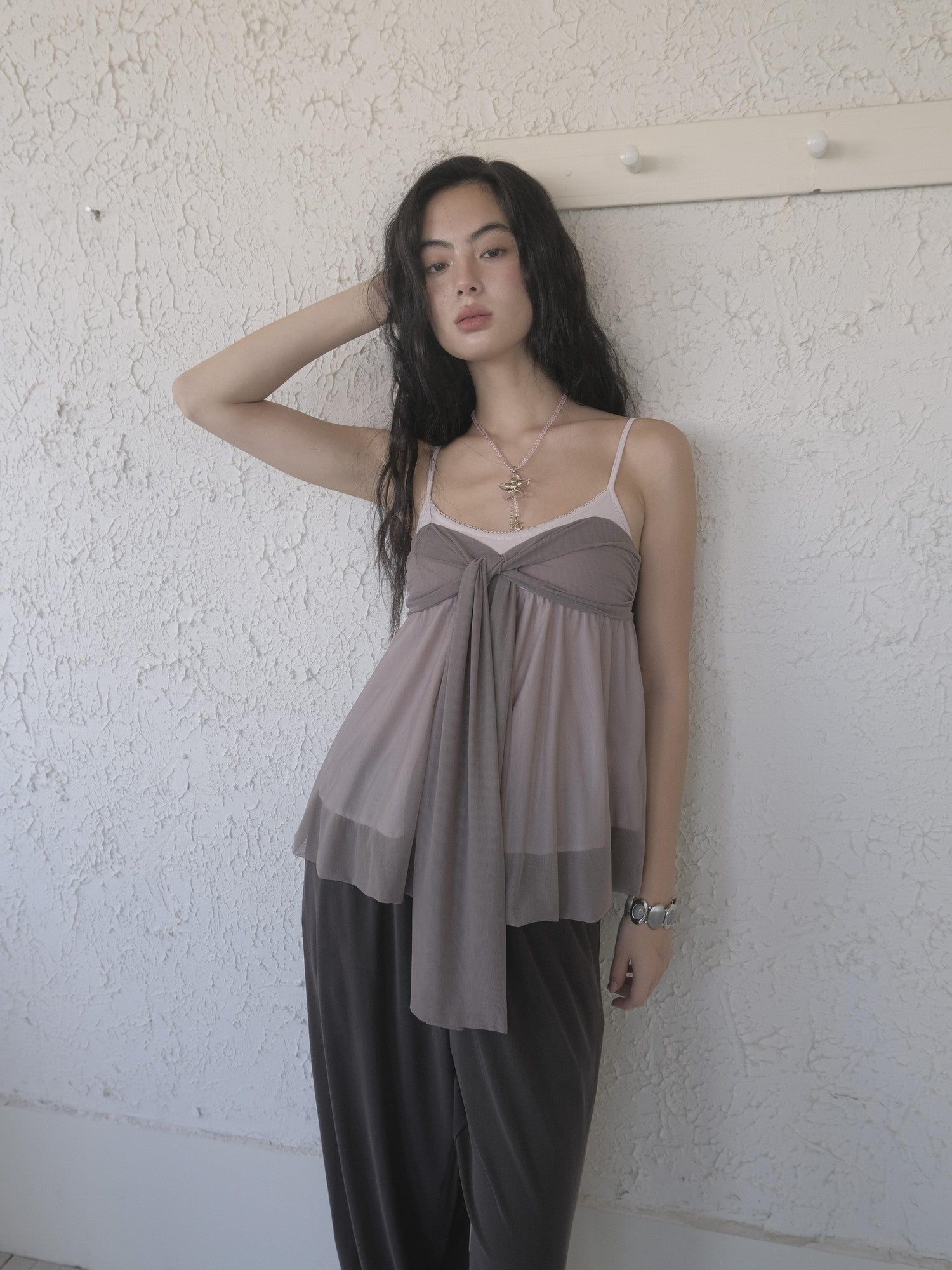 DKZ OFFICIAL Grey Purple Twist Knot Mesh Asymmetrical V-neck Women&