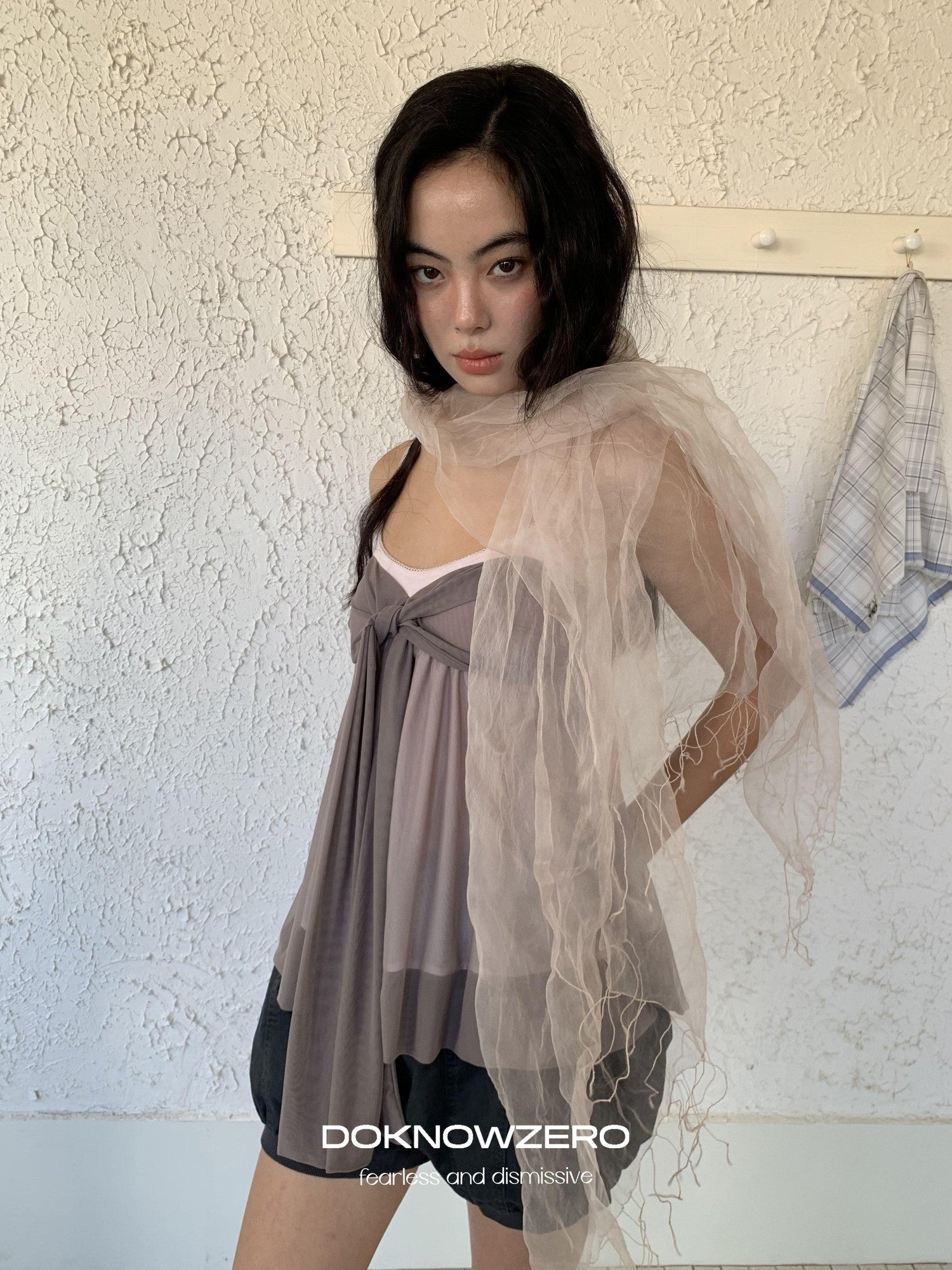 DKZ OFFICIAL Grey Purple Twist Knot Mesh Asymmetrical V-neck Women&