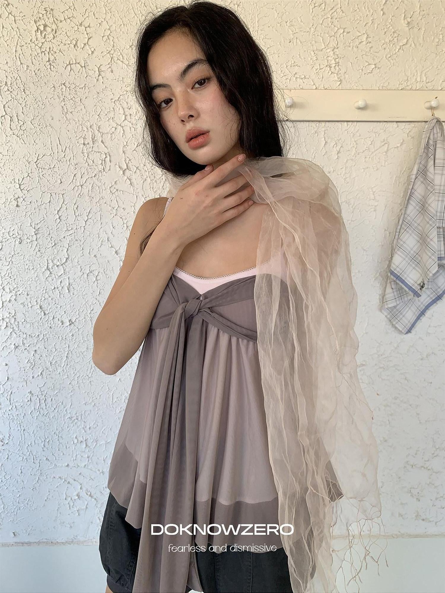 DKZ OFFICIAL Grey Purple Twist Knot Mesh Asymmetrical V-neck Women&