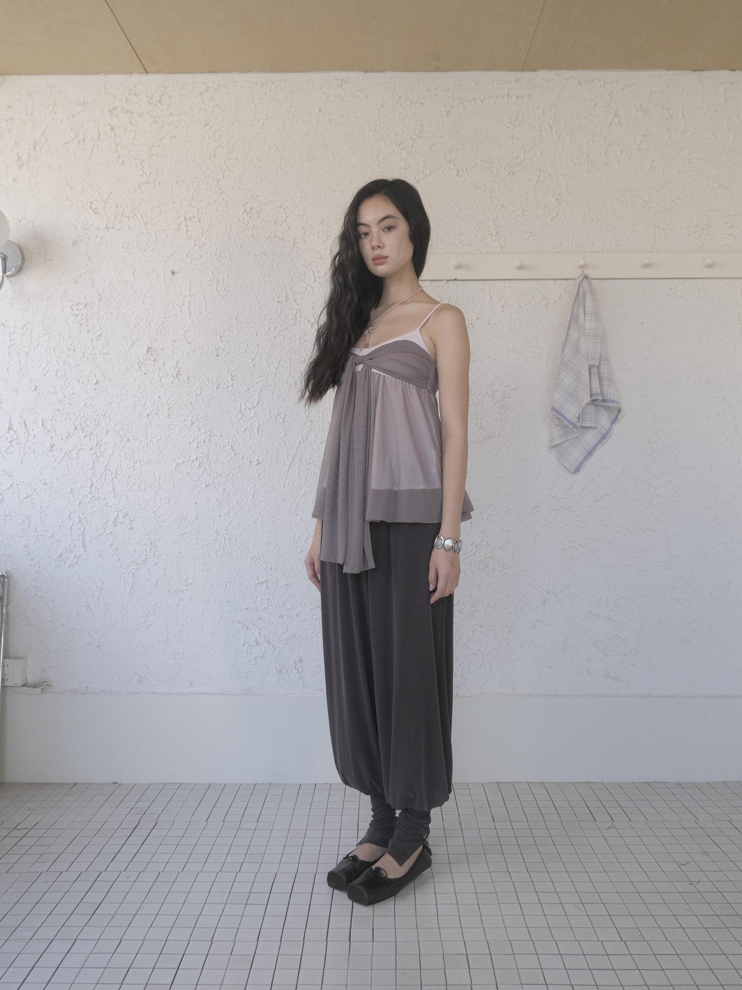 DKZ OFFICIAL Grey Purple Twist Knot Mesh Asymmetrical V-neck Women&