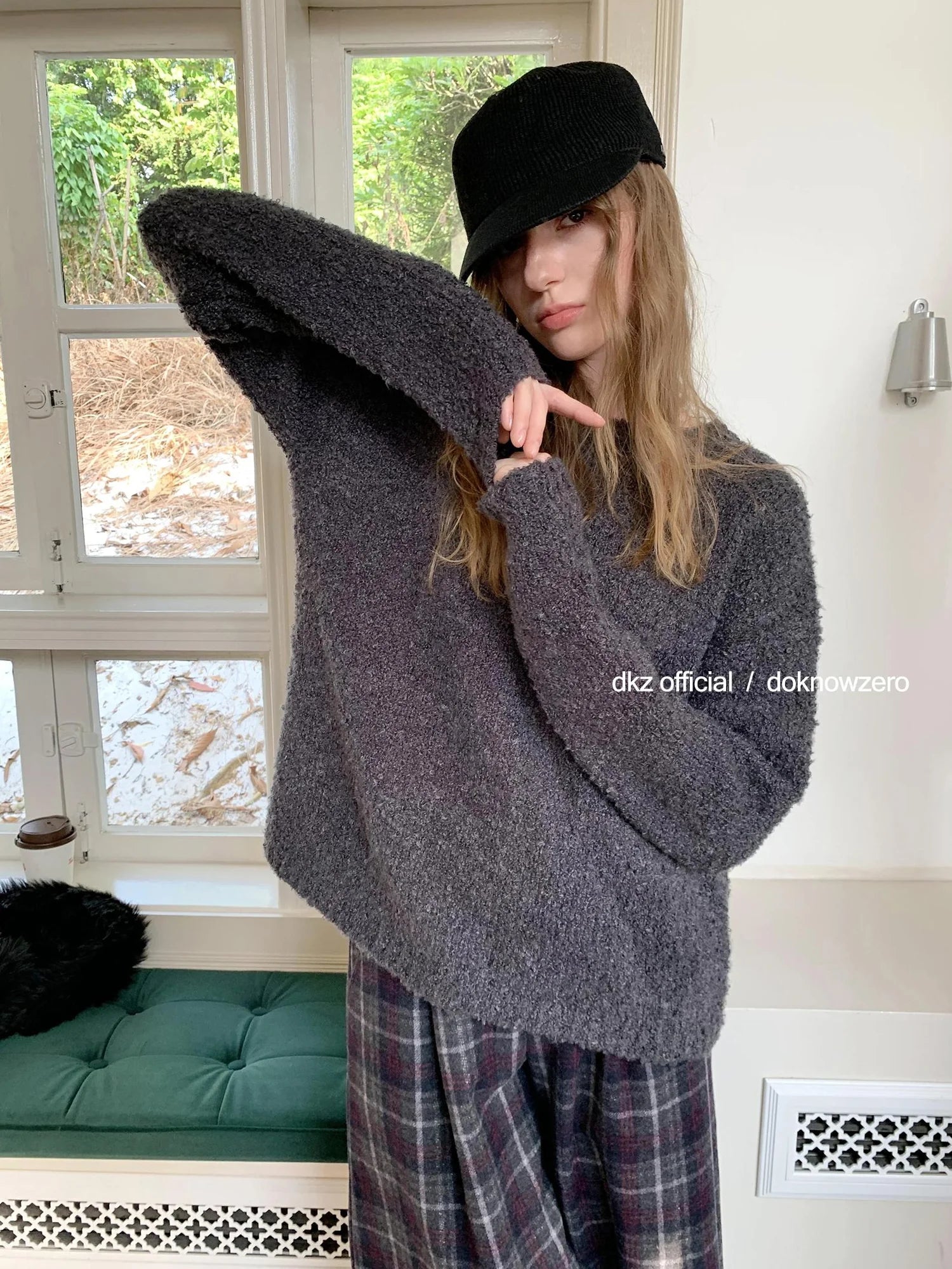 DKZ OFFICIAL Grey Round Neck Knit Sweater Women Oversized Vintage Winter Top