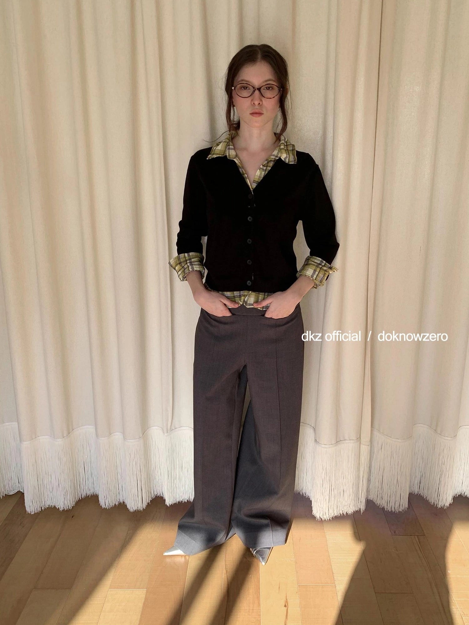 DKZ OFFICIAL Grey Wide Leg Checkered Cuff Trousers For Women