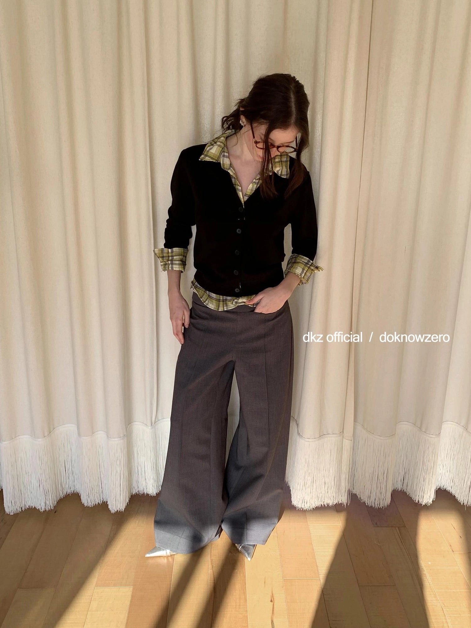 DKZ OFFICIAL Grey Wide Leg Checkered Cuff Trousers For Women