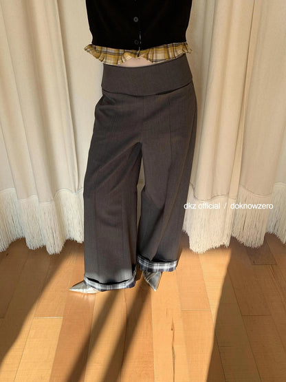 DKZ OFFICIAL Grey Wide Leg Checkered Cuff Trousers For Women