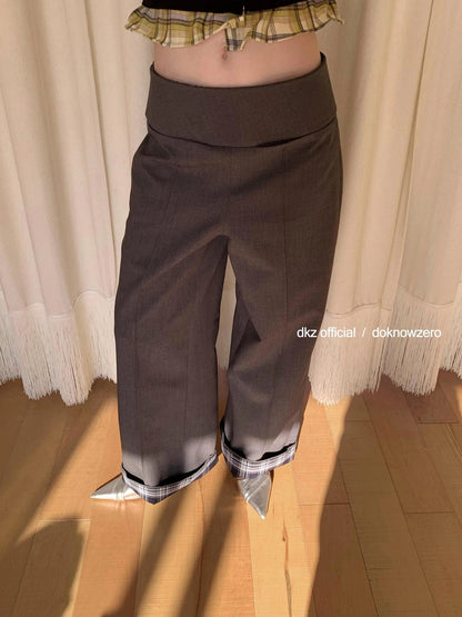DKZ OFFICIAL Grey Wide Leg Checkered Cuff Trousers For Women