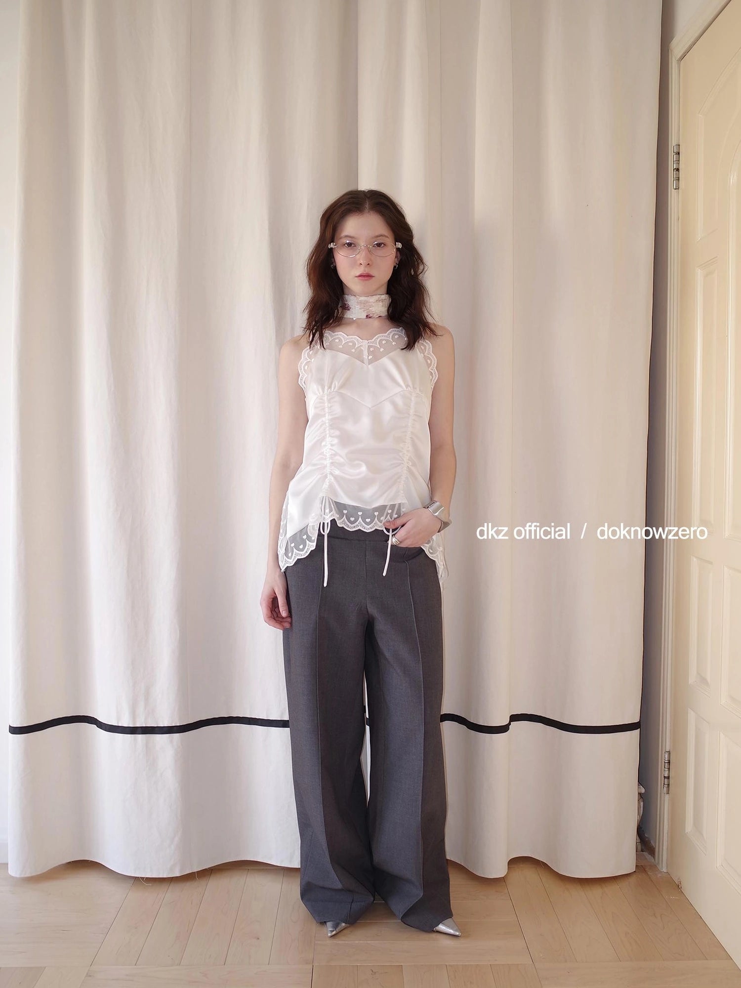 DKZ OFFICIAL Grey Wide Leg Checkered Cuff Trousers For Women