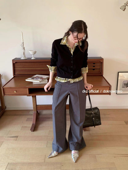 DKZ OFFICIAL Grey Wide Leg Checkered Cuff Trousers For Women