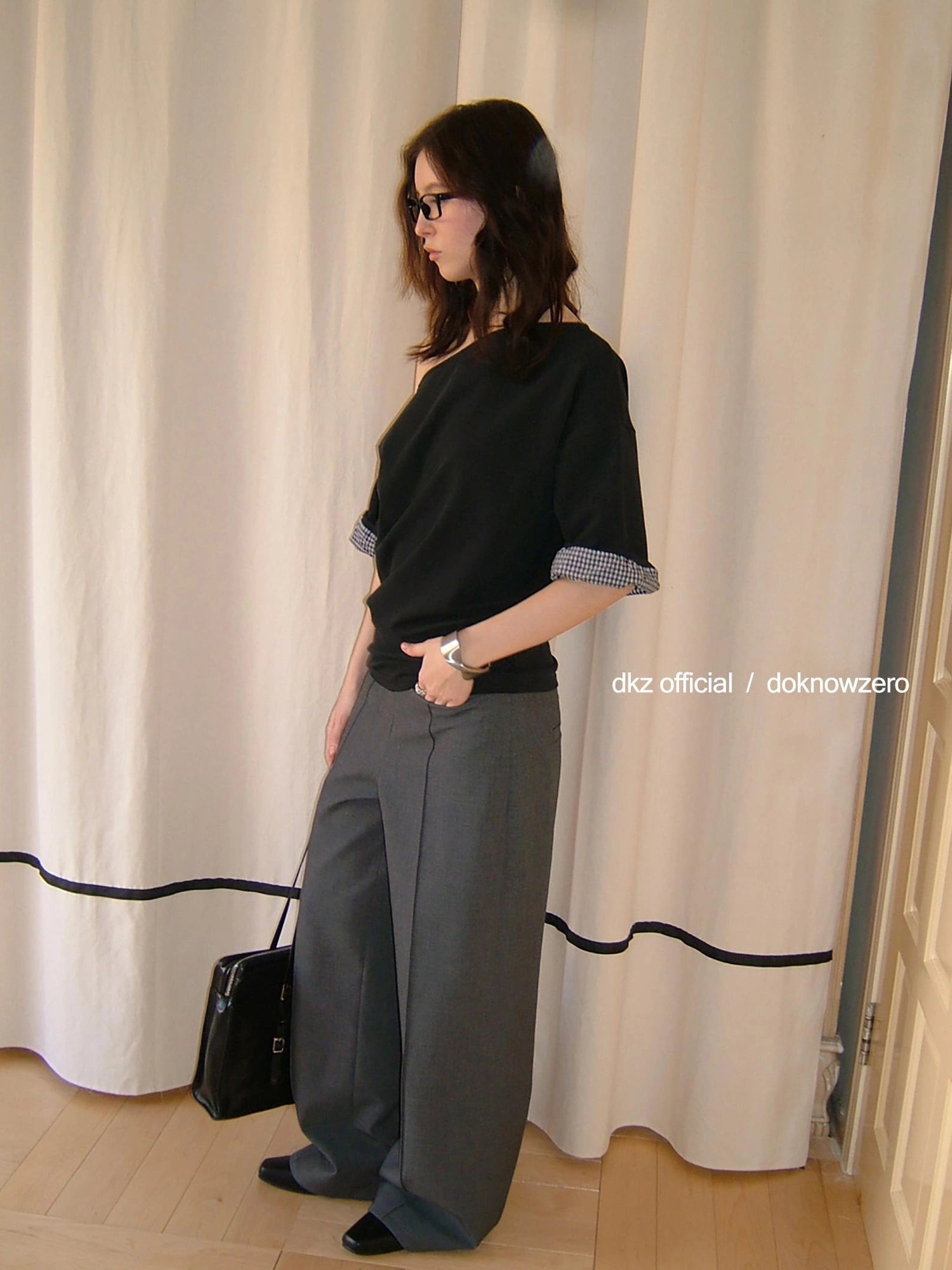 DKZ OFFICIAL Grey Wide Leg Checkered Cuff Trousers For Women
