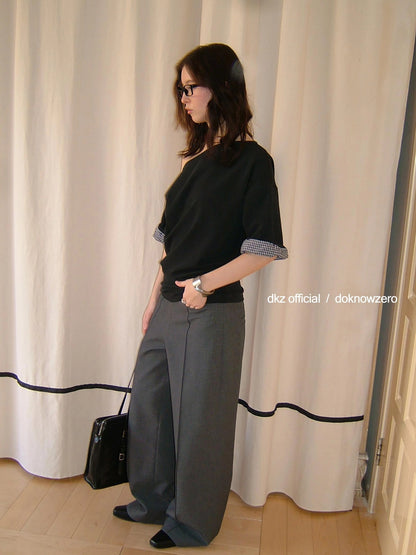 DKZ OFFICIAL Grey Wide Leg Checkered Cuff Trousers For Women