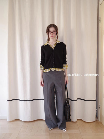 DKZ OFFICIAL Grey Wide Leg Checkered Cuff Trousers For Women