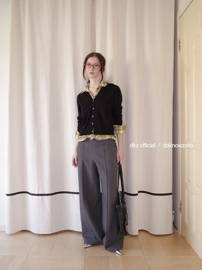 DKZ OFFICIAL Grey Wide Leg Checkered Cuff Trousers For Women