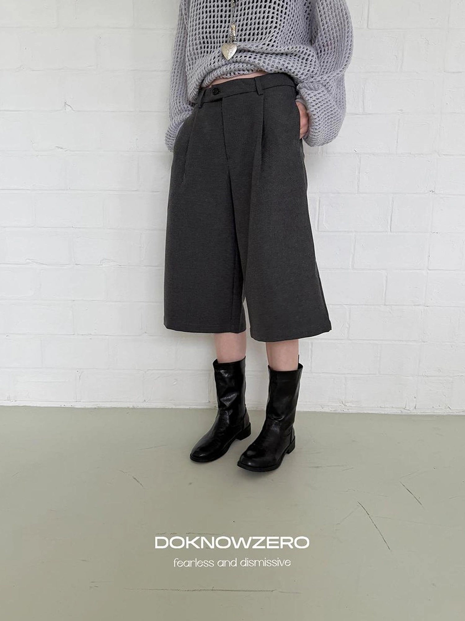 DKZ OFFICIAL Grey Wide Leg Cropped Trousers For Autumn
