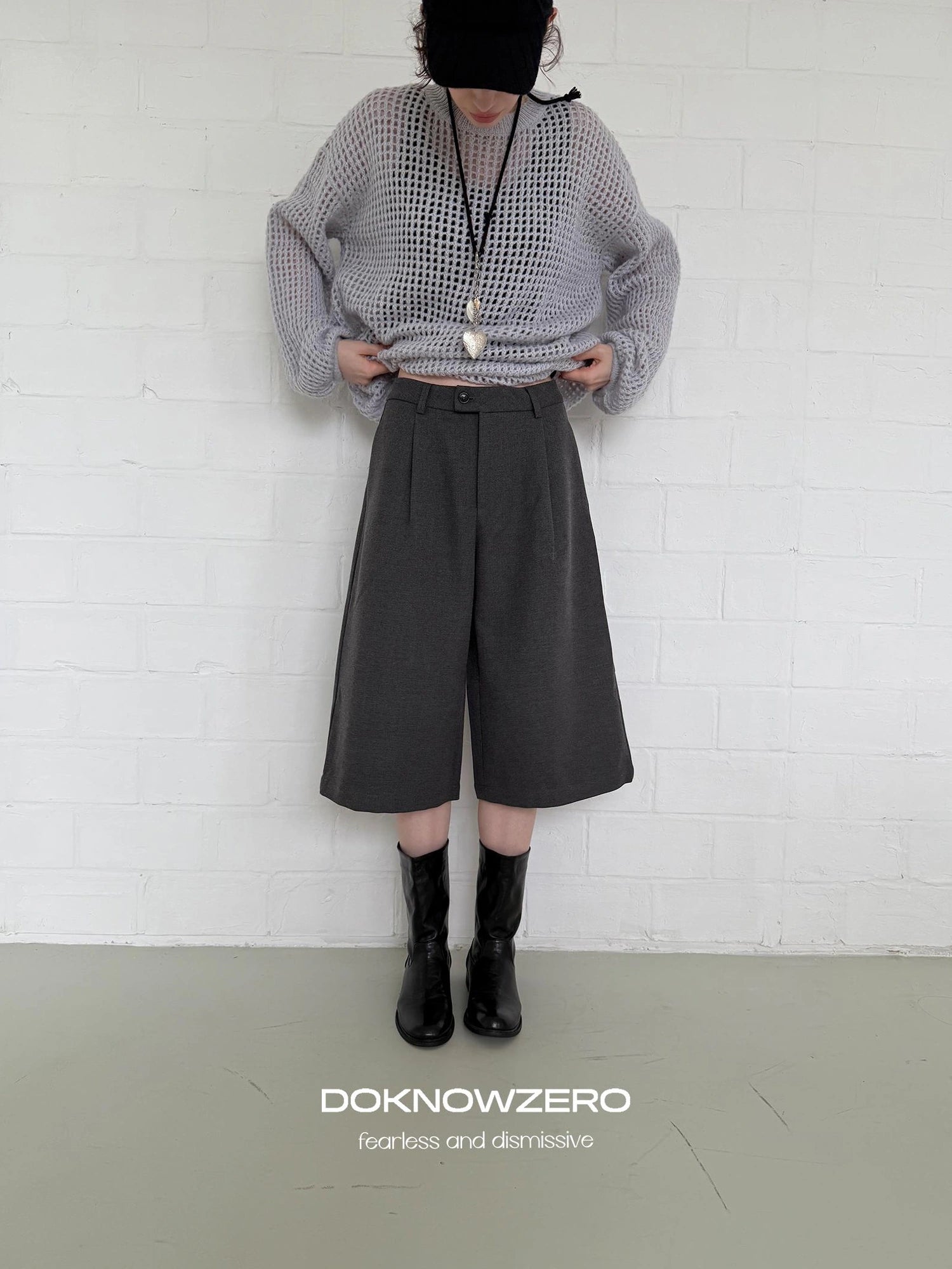 DKZ OFFICIAL Grey Wide Leg Cropped Trousers For Autumn