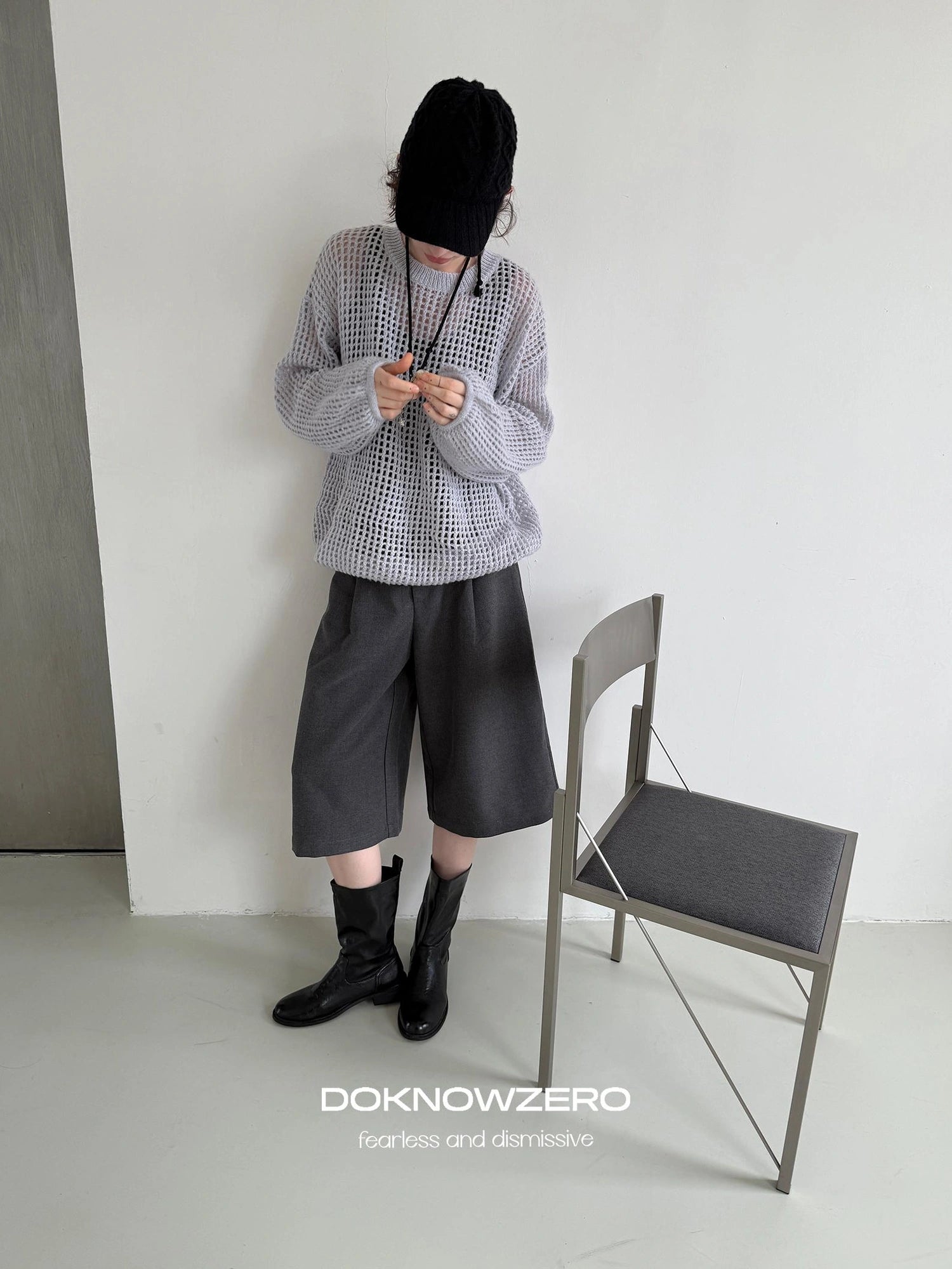 DKZ OFFICIAL Grey Wide Leg Cropped Trousers For Autumn