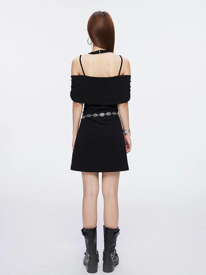 DKZ OFFICIAL Halter Neck Slim Fit Black Sundress With Detachable Straps