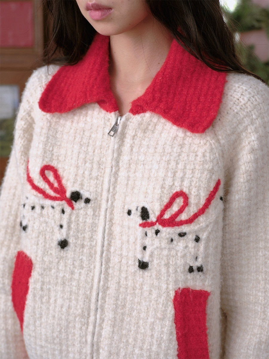 DKZ_OFFICIAL_Hand_Embroidered_Dachshund_Contrast_Lapel_Zip_Knit_Women&