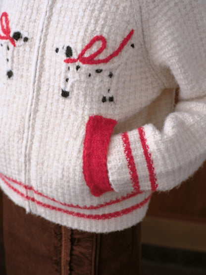 DKZ OFFICIAL Hand Embroidered Dachshund Contrast Lapel Zip Knit Women&