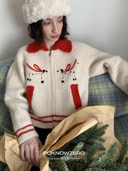 DKZ OFFICIAL Hand Embroidered Dachshund Contrast Lapel Zip Knit Women&