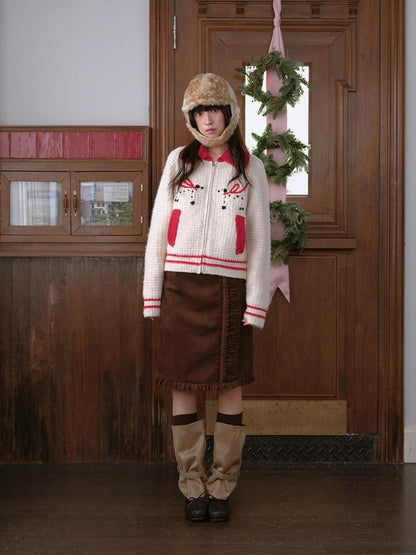 DKZ OFFICIAL Hand Embroidered Dachshund Contrast Lapel Zip Knit Women&