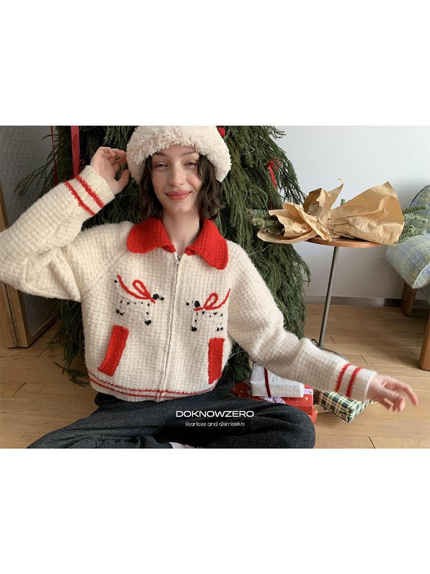 DKZ OFFICIAL Hand Embroidered Dachshund Contrast Lapel Zip Knit Women&