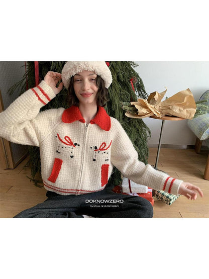 DKZ OFFICIAL Hand Embroidered Dachshund Contrast Lapel Zip Knit Women&
