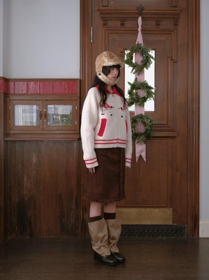 DKZ OFFICIAL Hand Embroidered Dachshund Contrast Lapel Zip Knit Women&