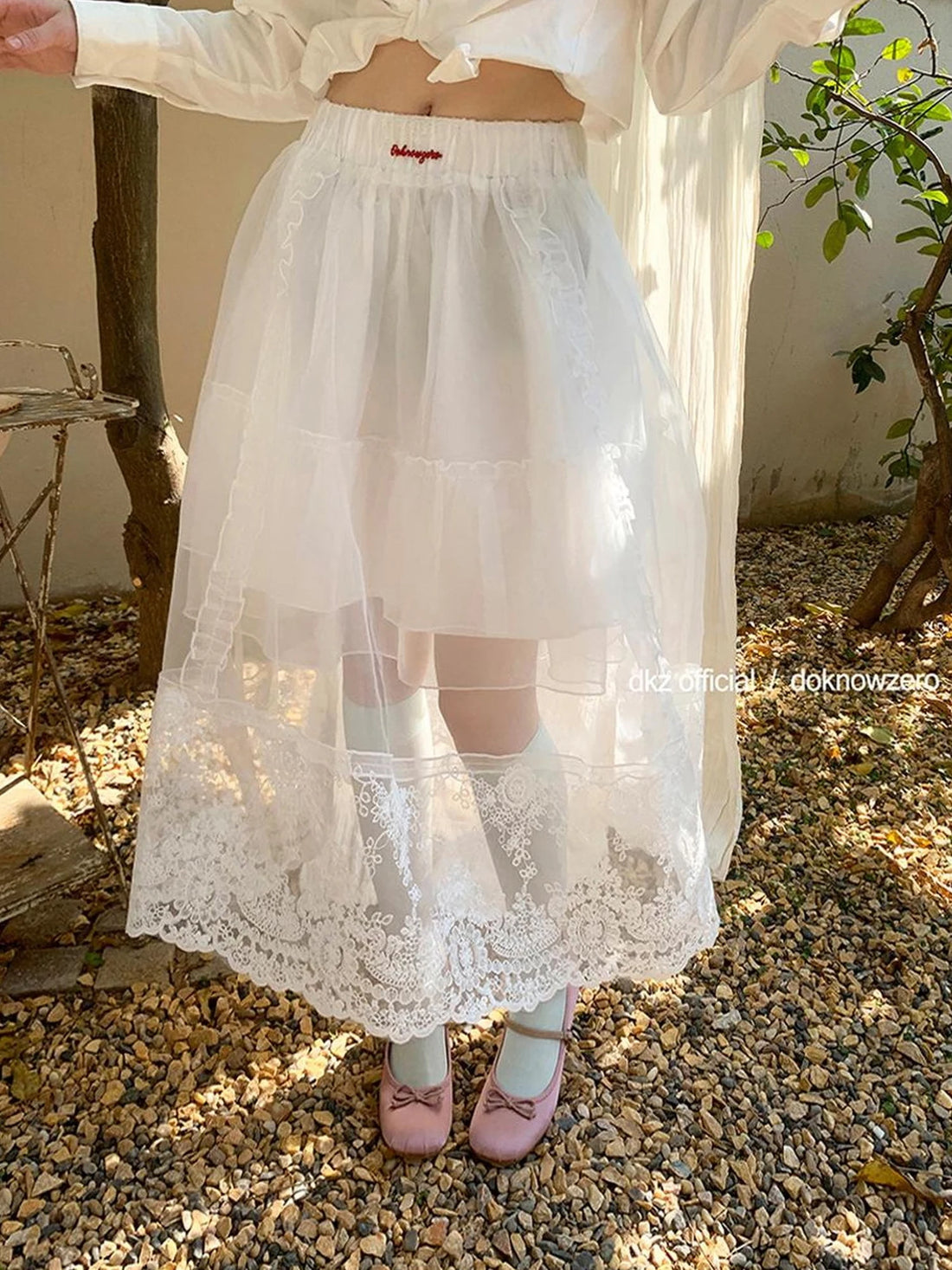 DKZ OFFICIAL Heavy Embroidered Lace Sheer Mesh Skirt