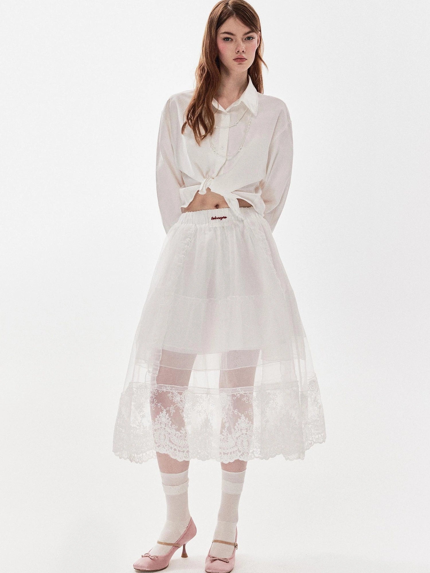 DKZ OFFICIAL Heavy Embroidered Lace Sheer Mesh Skirt