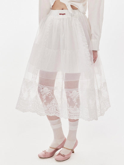 DKZ OFFICIAL Heavy Embroidered Lace Sheer Mesh Skirt