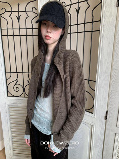 DKZ OFFICIAL Hooded Double Breasted Knit Wool Blend Women&