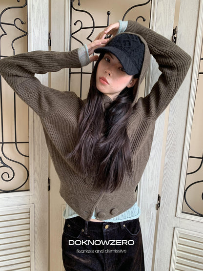 DKZ OFFICIAL Hooded Double Breasted Knit Wool Blend Women&