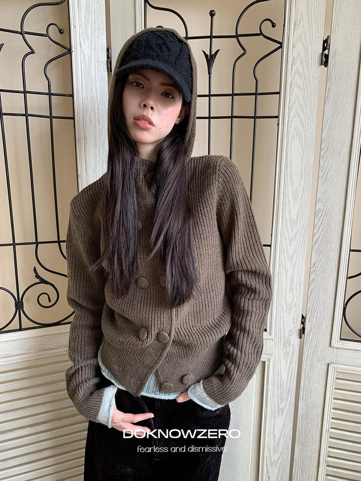 DKZ OFFICIAL Hooded Double Breasted Knit Wool Blend Women&