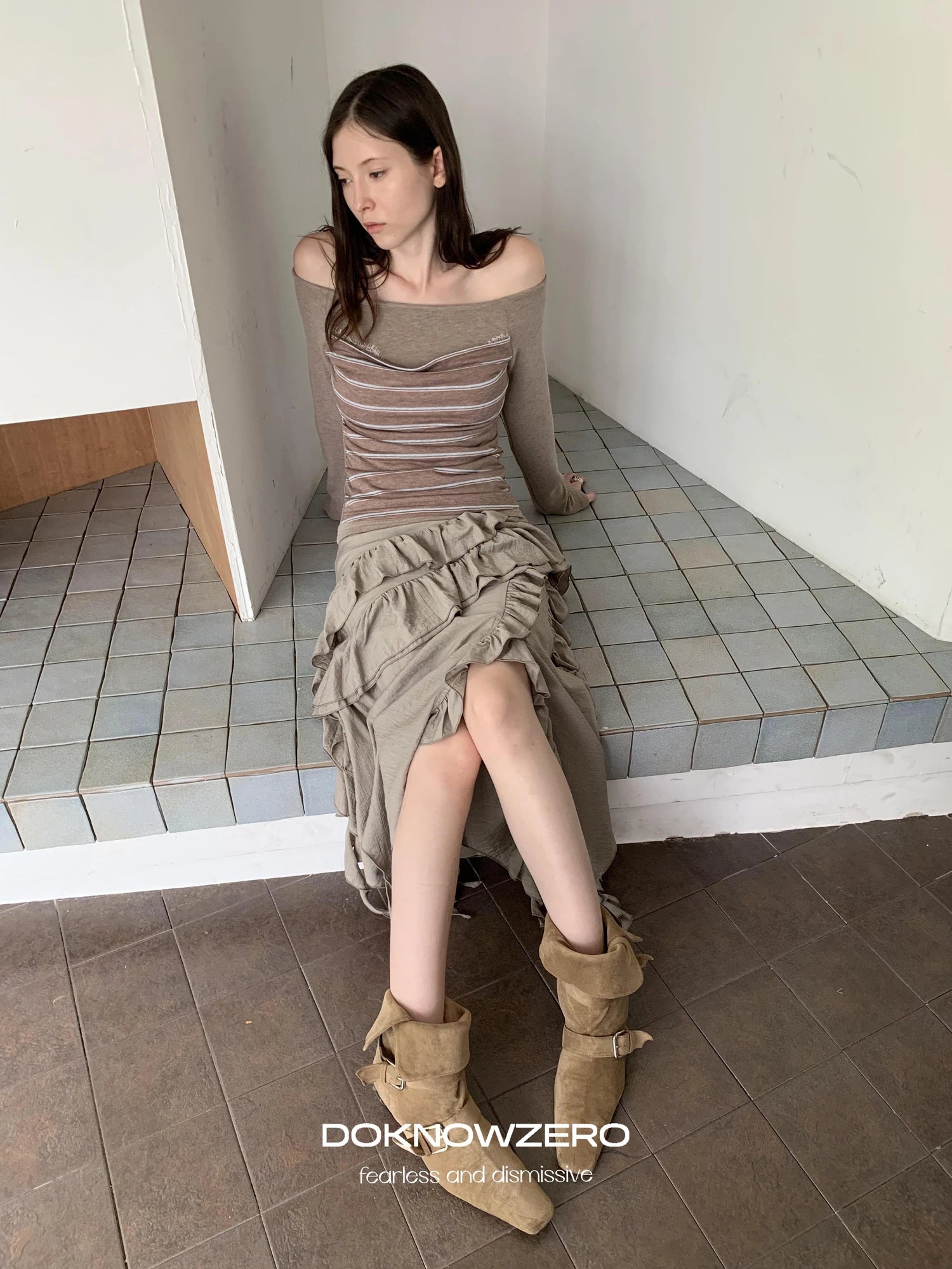 DKZ OFFICIAL Irregular Cascading Hem Flounce Skirt
