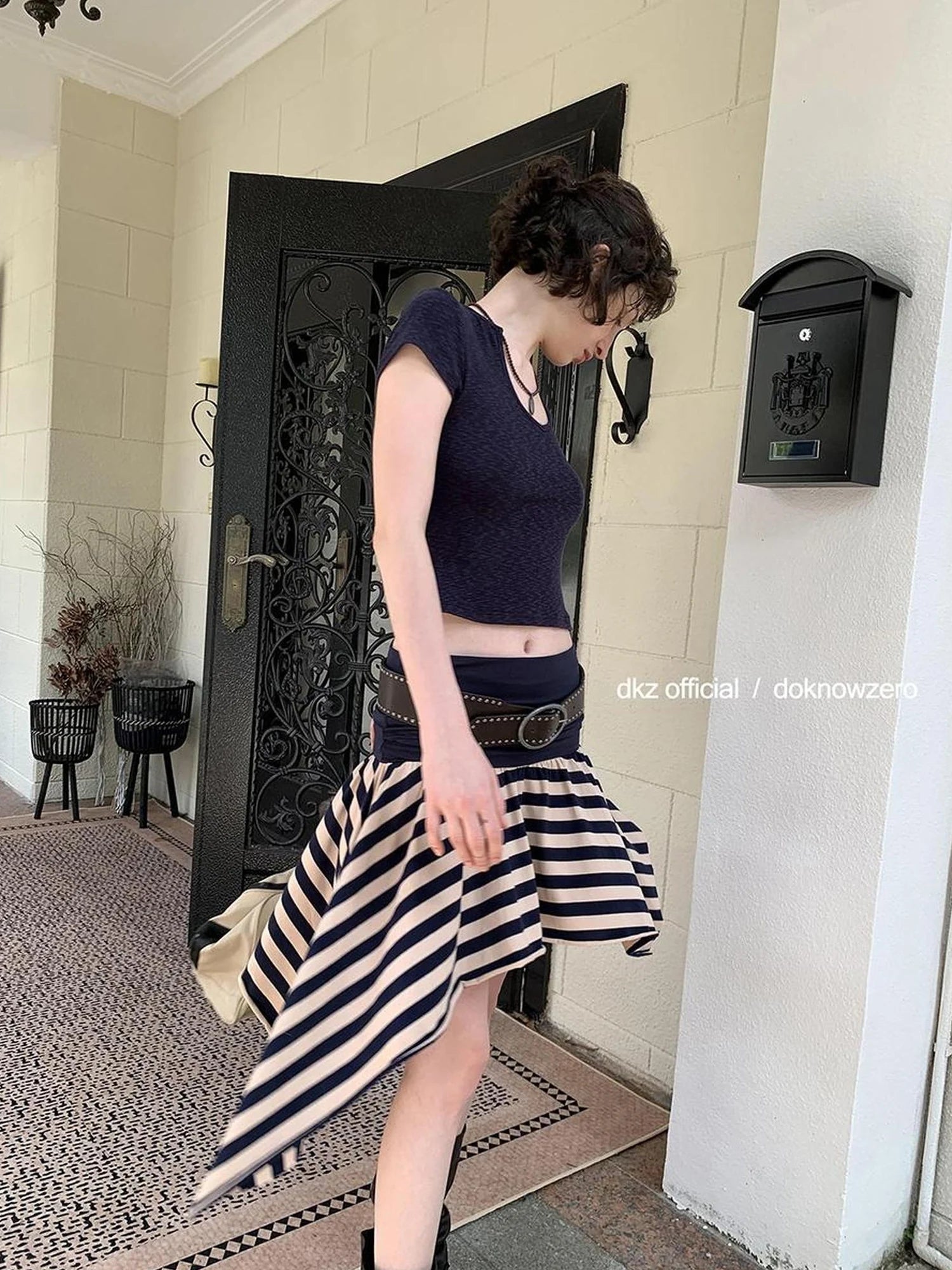 DKZ OFFICIAL Irregular Stripe Layering Skirt With Asymmetric Hem