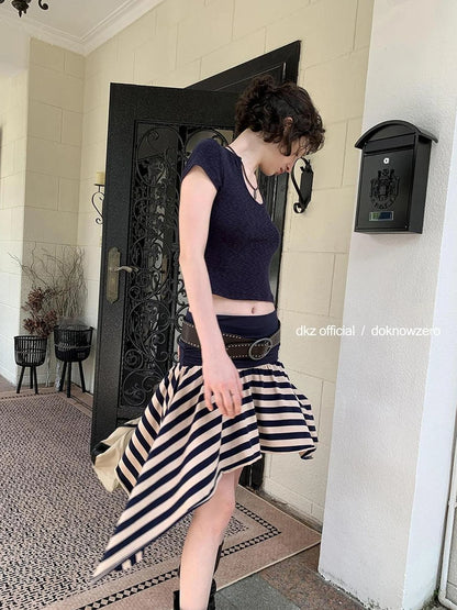 DKZ OFFICIAL Irregular Stripe Layering Skirt With Asymmetric Hem